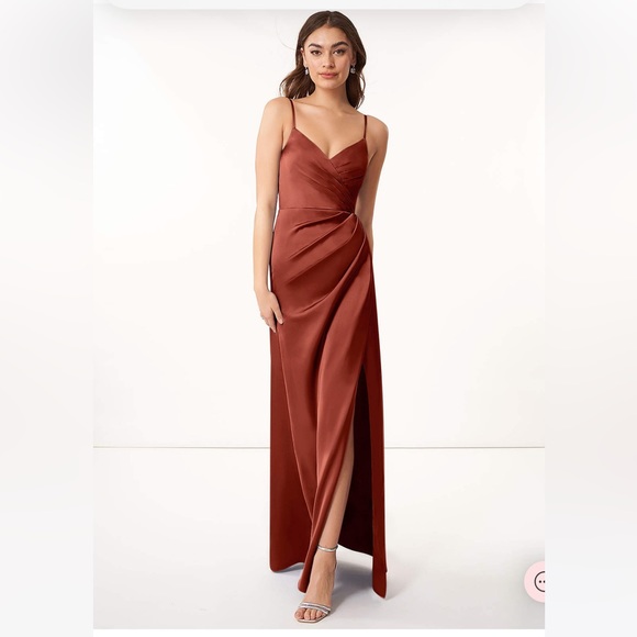NWT AZAZIE Maci Stretch Satin Dress in Terracotta - Picture 1 of 7